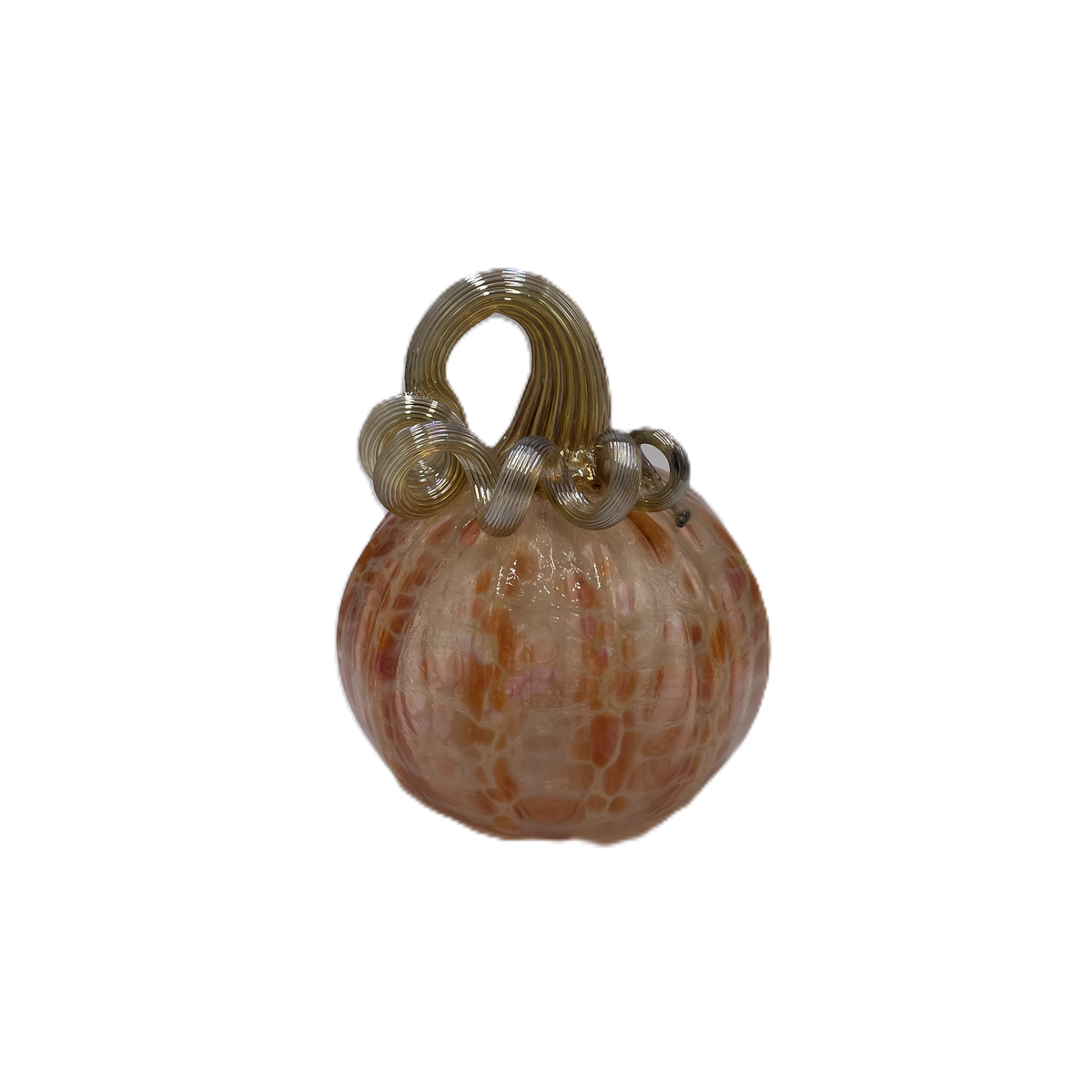 A small decorative pumpkin with a ribbed textured surface in warm peach, orange, and cream tones, topped with a metallic gold handle, isolated on a white background.