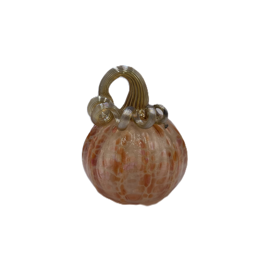 A small decorative pumpkin with a ribbed textured surface in warm peach, orange, and cream tones, topped with a metallic gold handle, isolated on a white background.