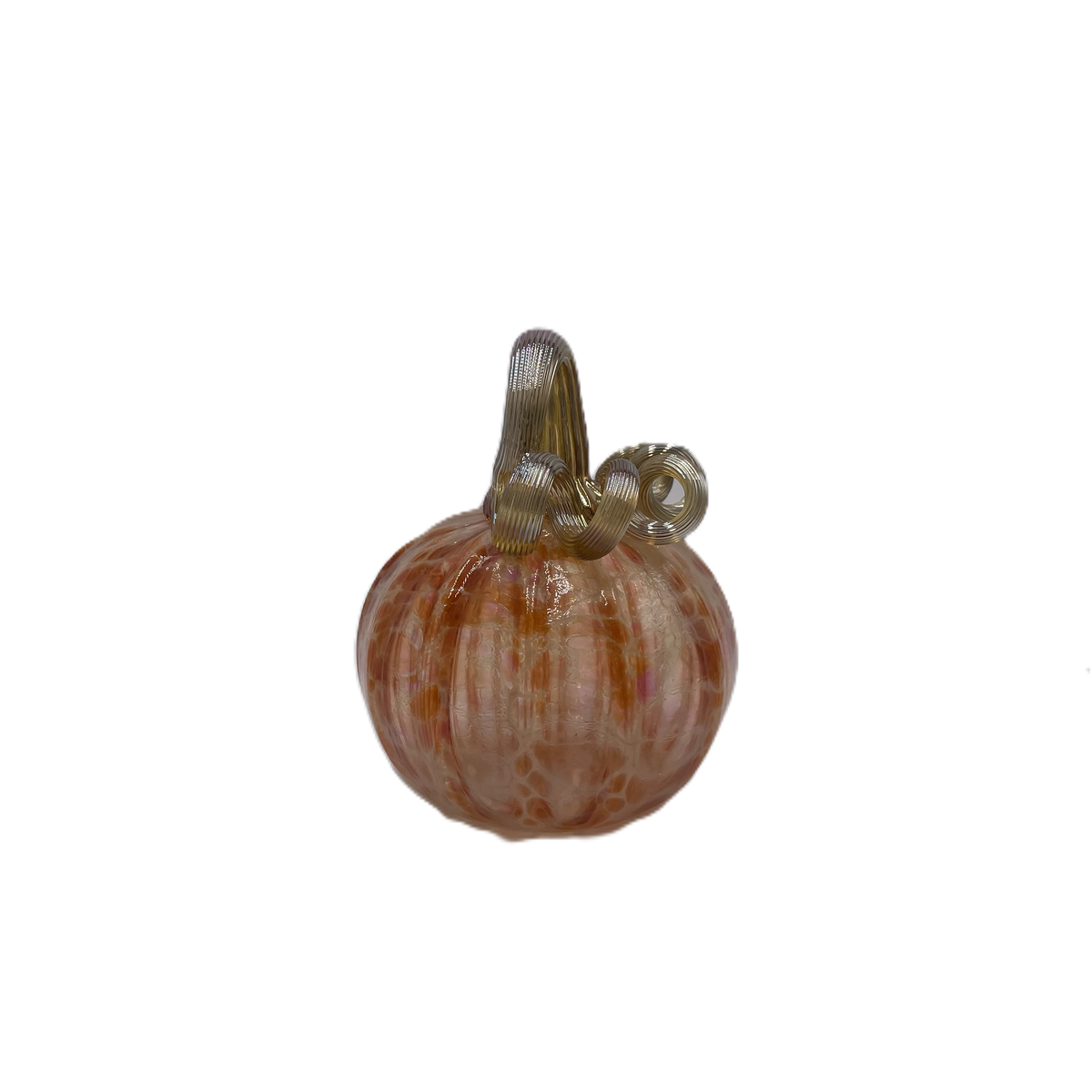 A small decorative glass pumpkin with a ribbed bulb-shaped body and a twisted stem, shown on a plain white background.