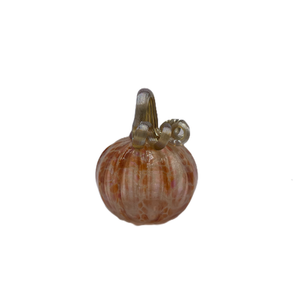 A small decorative glass pumpkin with a ribbed bulb-shaped body and a twisted stem, shown on a plain white background.