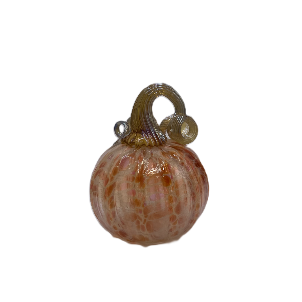 A decorative glass pumpkin ornament with a glossy, marbled orange and brown pattern and a curled stem, isolated on a white background.