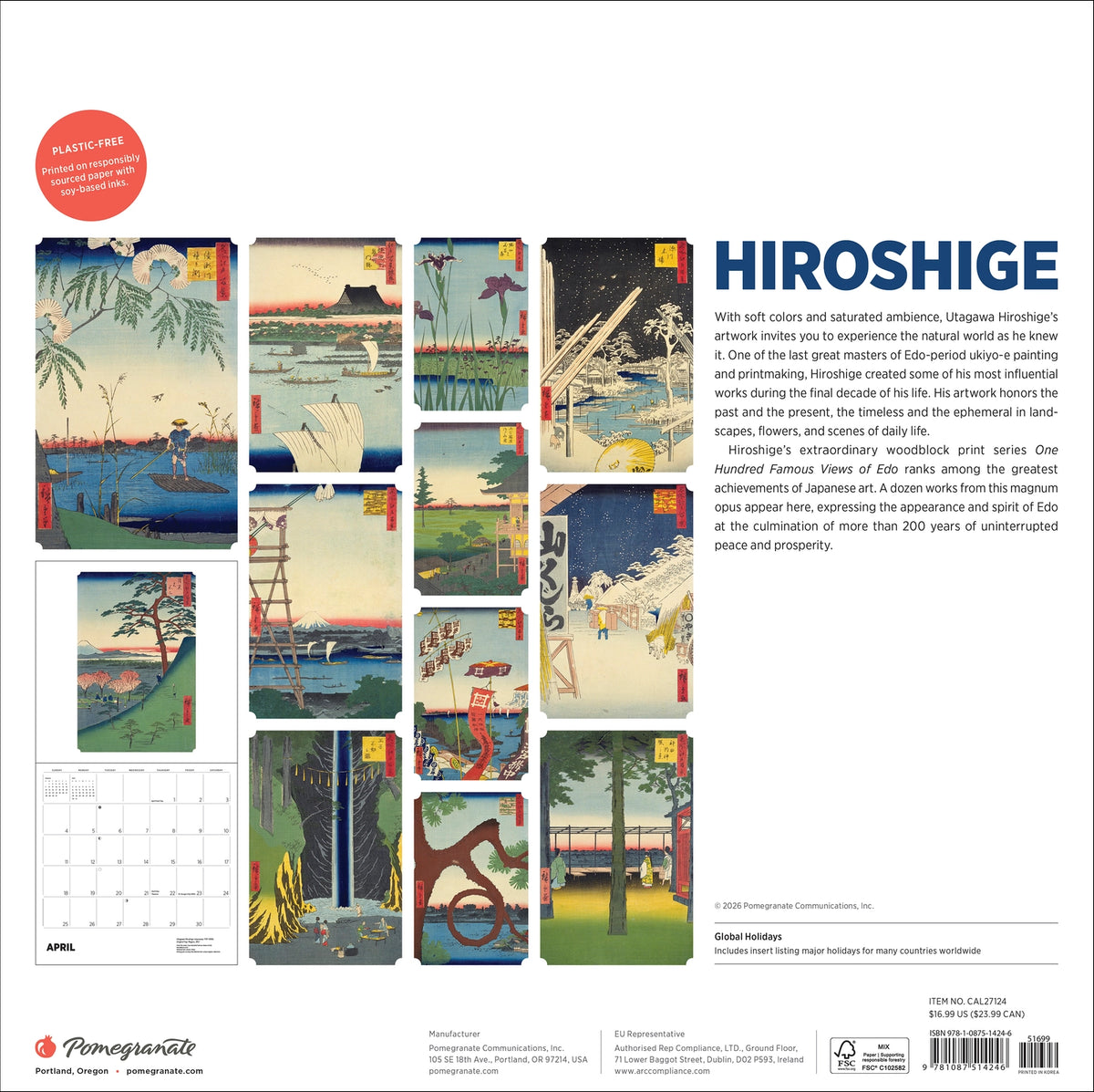 The back cover of a Hiroshige wall calendar with text on the right hand side and 12 of his colordul woodblock prints on the left.
