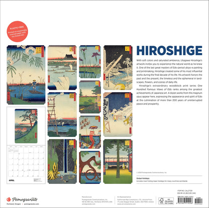 The back cover of a Hiroshige wall calendar with text on the right hand side and 12 of his colordul woodblock prints on the left.
