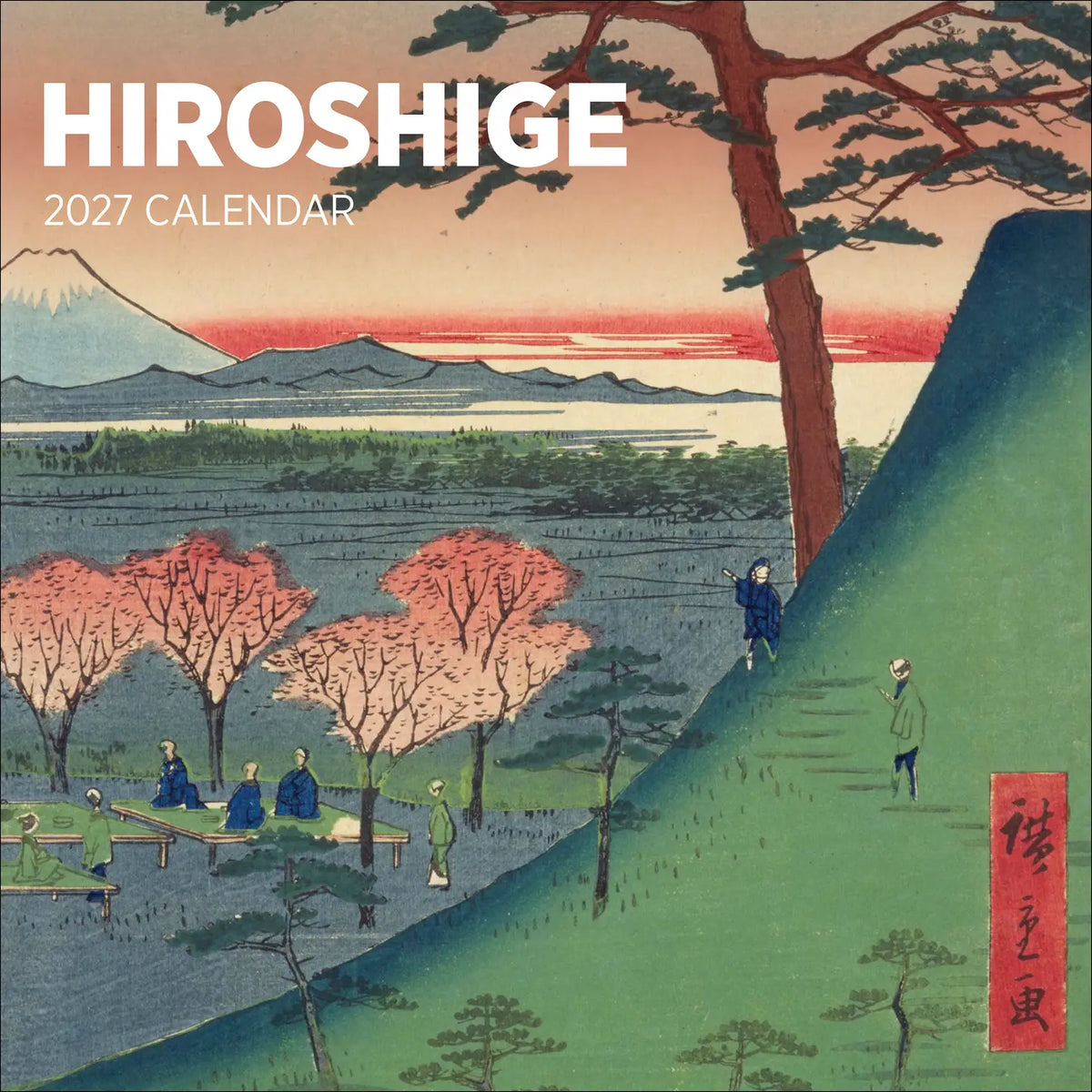 Product packaging for a Hiroshige 2027 Wall Calendar, featuring a Japanese woodblock lanscape print in greens, pinks, and blues
