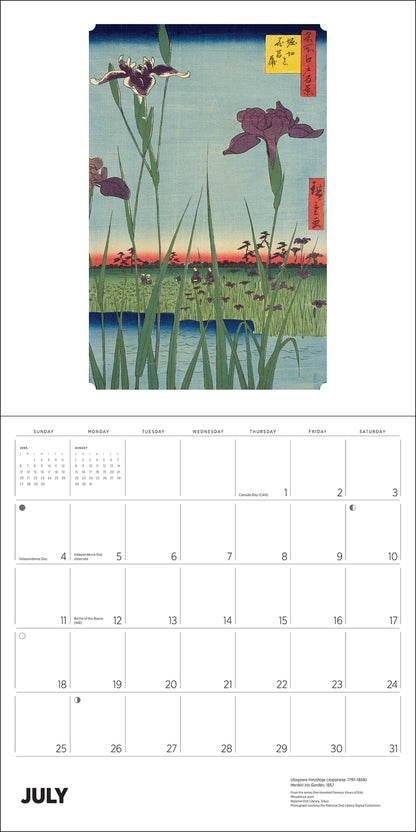 An open calendar with a calendar grid at the bottom and a Japaanese woodblock print featuring purple irises on the top
