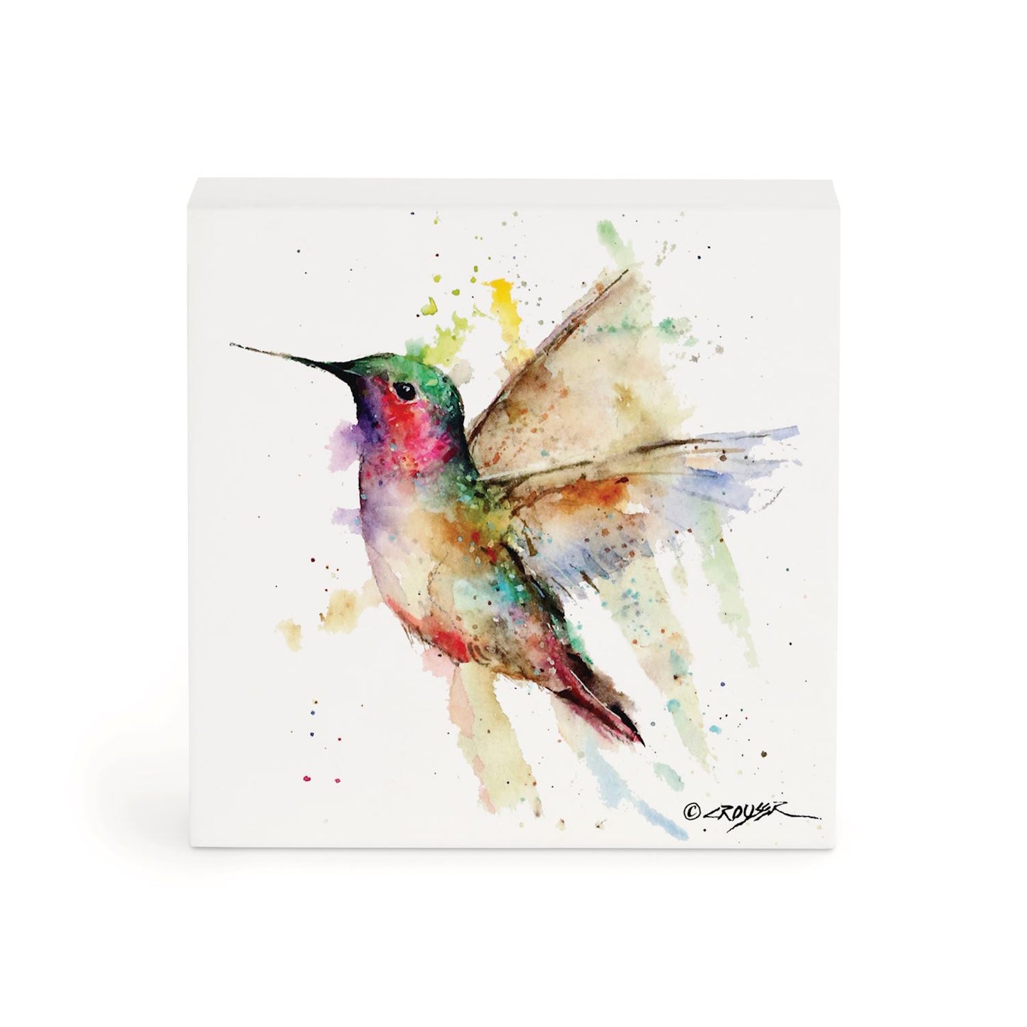 Colorful hummigbird watercolor print on a wood block
