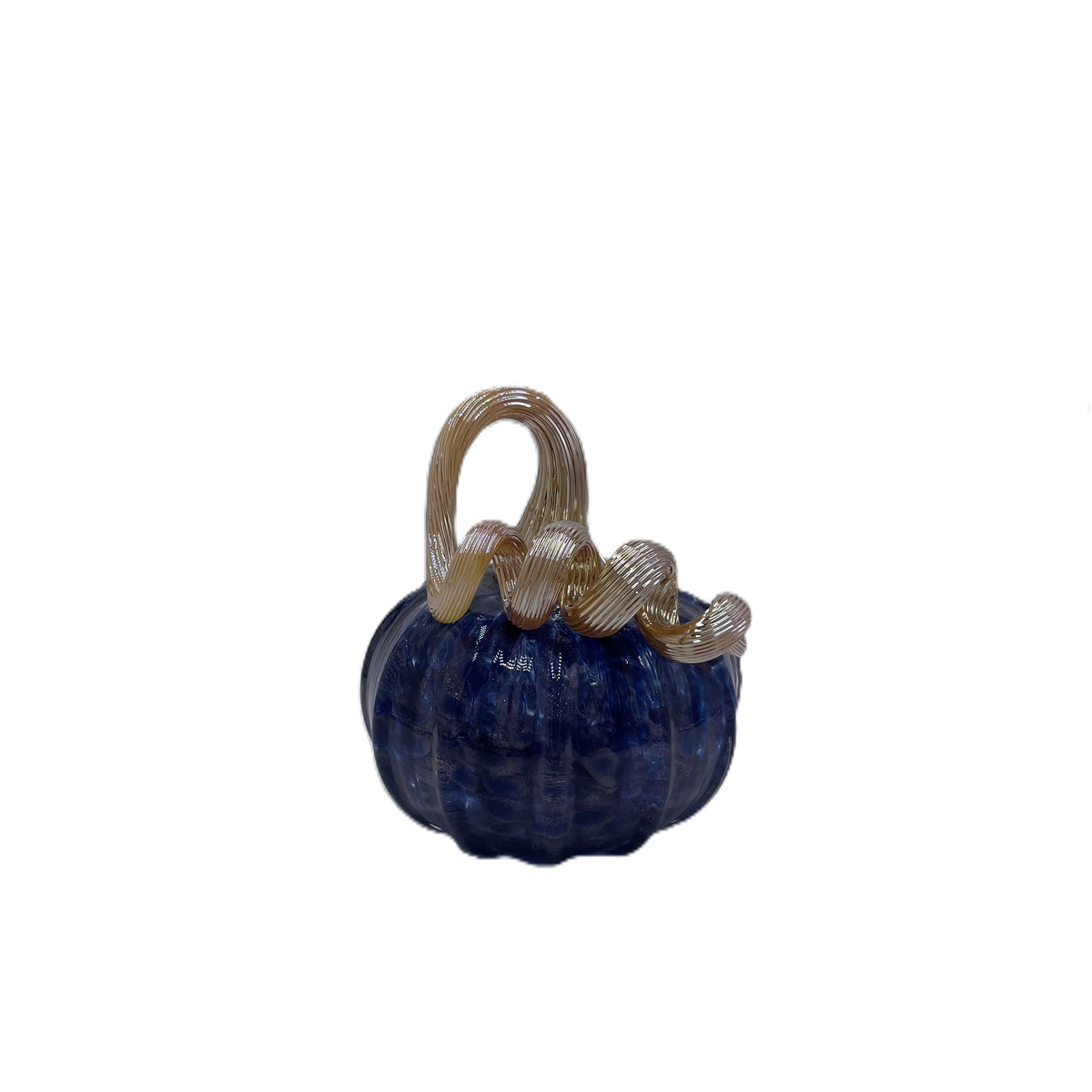 A small decorative glass pumpkin figurine with a deep blue body and a twisted, ribbed handle in a pale amber-tinted glass, isolated on a white background.