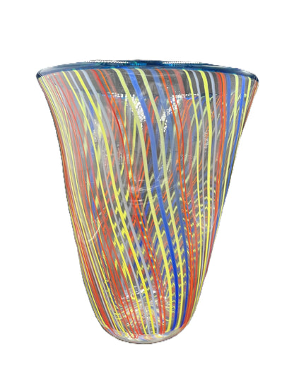 Red/Yellow Stripe Vase with Blue Rim JD