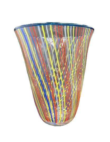 Red/Yellow Stripe Vase with Blue Rim JD