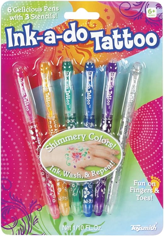 Colorful tattoo pens packaged in a bright, patterned sleeve.