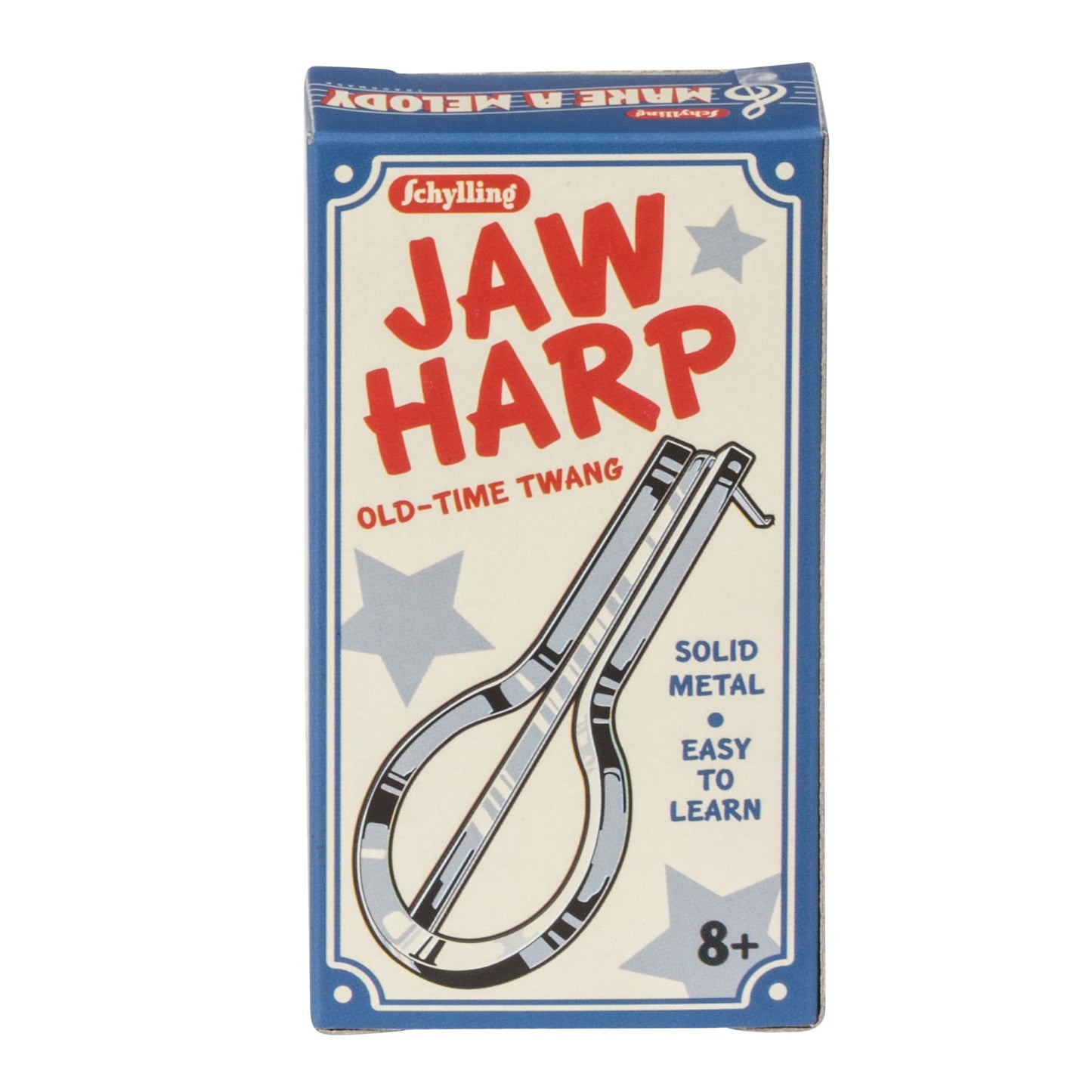 Box of Schylling Jaw Harp with red text and blue border