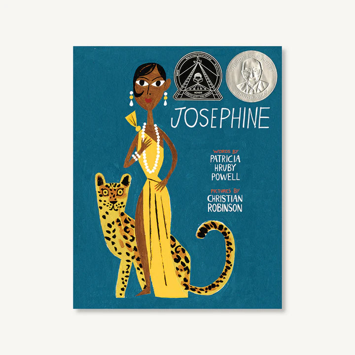 Book cover of 'Josephine' with illustration of a woman in a yellow dress and a leopard on a blue background.
