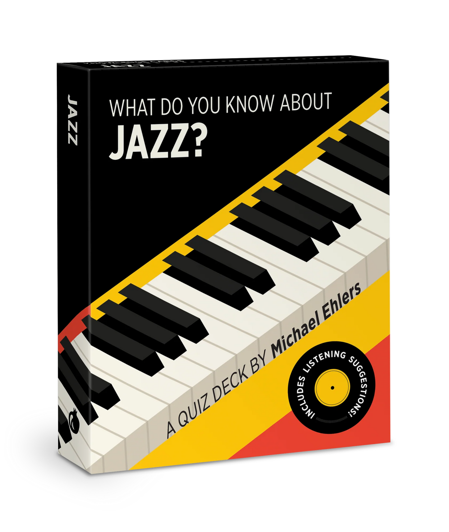 Quiz deck packaging for jazz with piano keyboard design on a white background