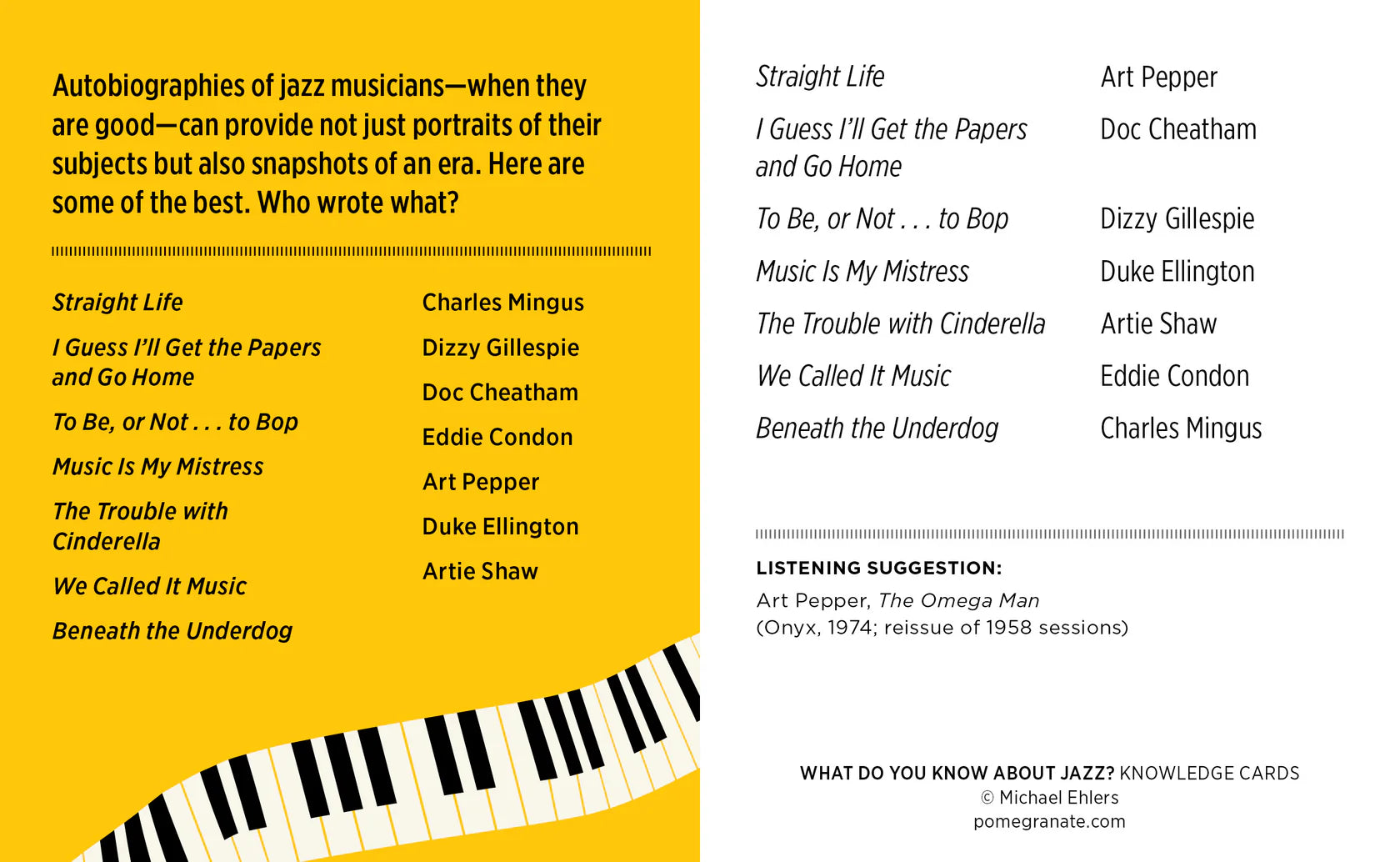 Knowledge card about jazz autobiographies with a yellow background and black text.