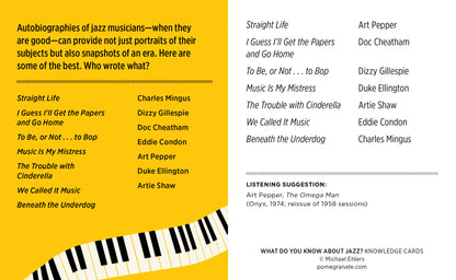 Knowledge card about jazz autobiographies with a yellow background and black text.