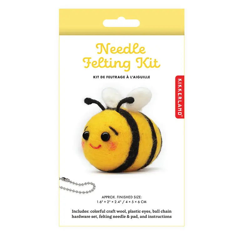 Product packaging for a 'Needle Felting Kit" On the front is a yellow and black felted bumblebee with white wings, black antanae, black eyes and pink cheeks. Shown on a white background.