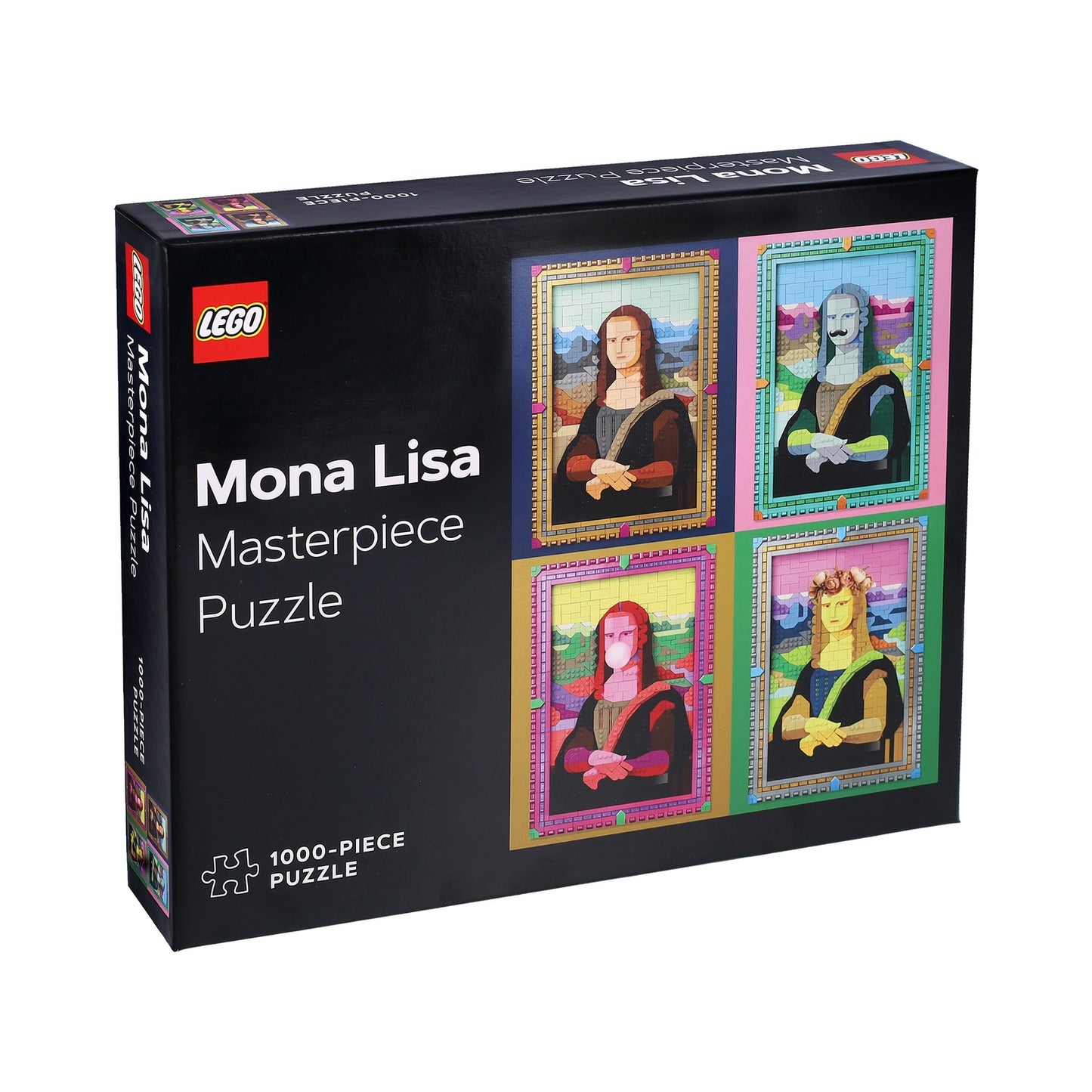 LEGO Mona Lisa Masterpiece Puzzle 1000-piece box, featuring a black packaging design with four colorful portrait panels of Mona Lisa on the front.