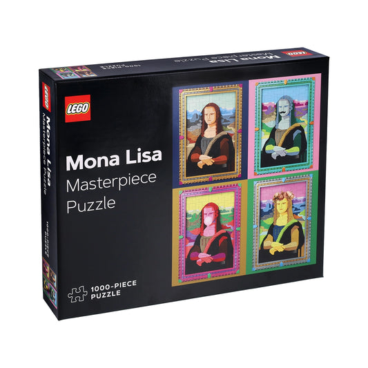 LEGO Mona Lisa Masterpiece Puzzle 1000-piece box, featuring a black packaging design with four colorful portrait panels of Mona Lisa on the front.