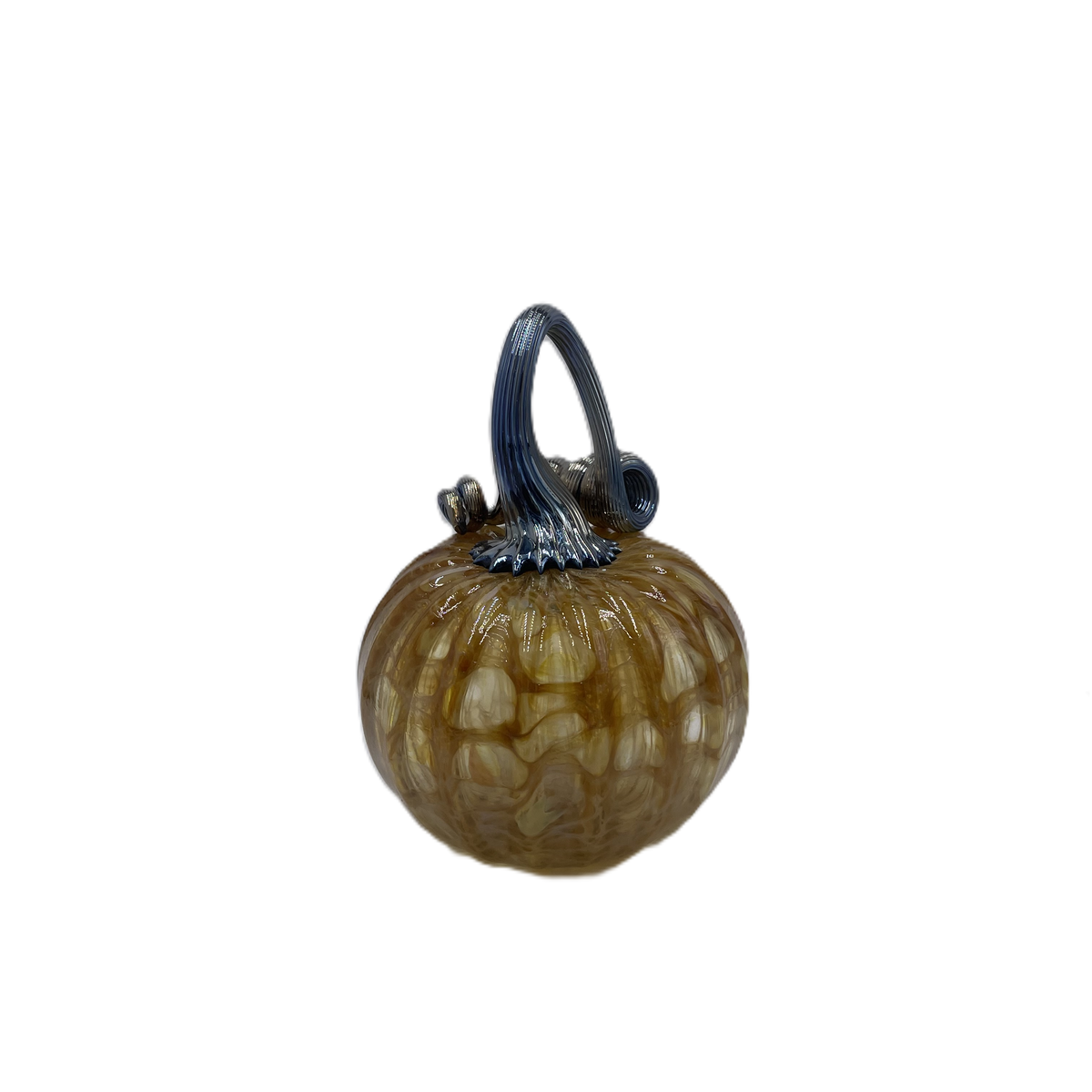 A small decorative glass pumpkin with a ribbed textured body in amber-brown and cream tones, featuring a dark blue-stem and loop handle, isolated on a white background.