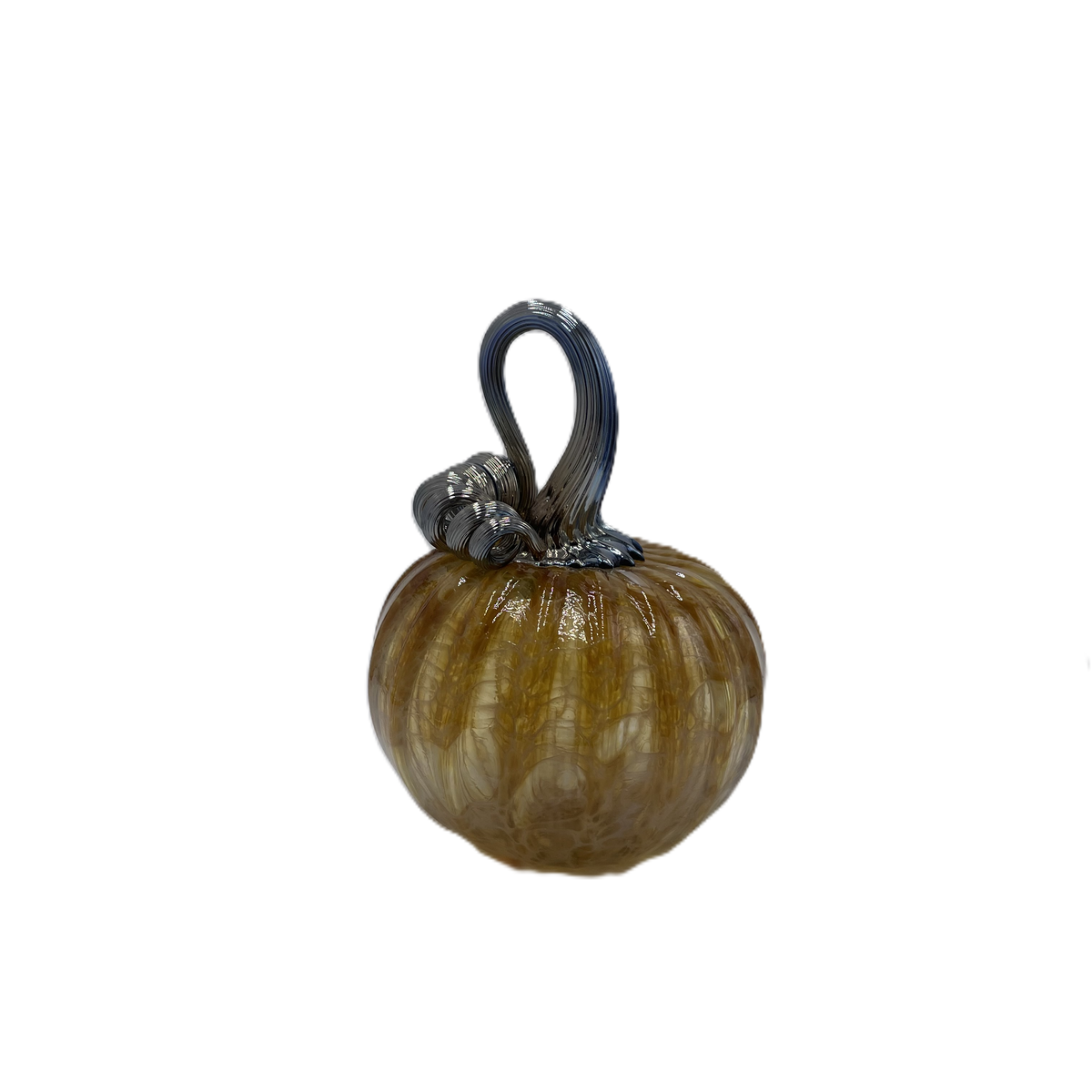 A small decorative glass pumpkin with a ribbed textured body in amber-brown and cream tones, featuring a dark blue-stem and loop handle, isolated on a white background.