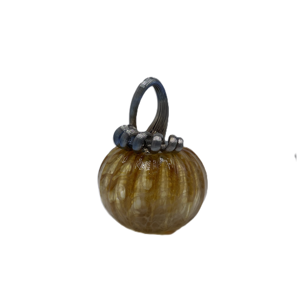 A small decorative glass pumpkin with a ribbed textured body in amber-brown and cream tones, featuring a dark blue-stem and loop handle, isolated on a white background.