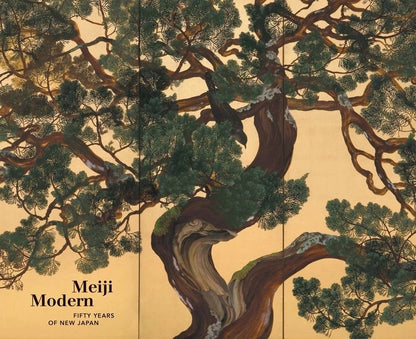 Book cover with a large tree illustration and the text "Meiji Modern Fifty Years of New Japan" on a gold background.