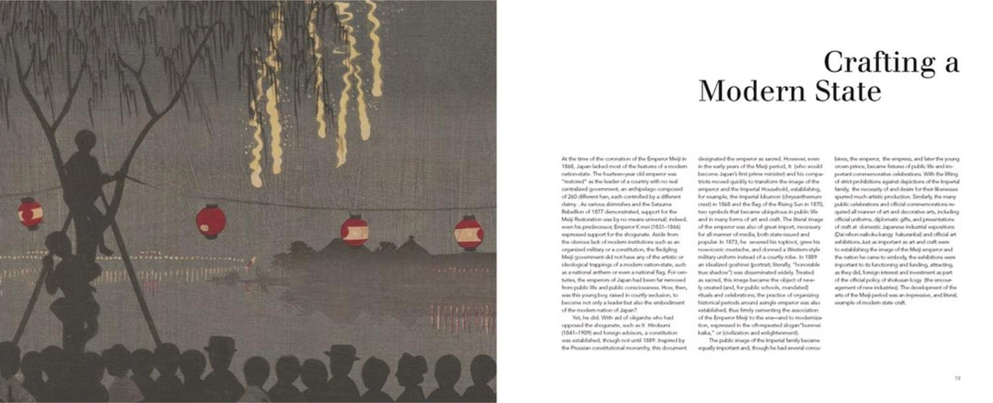 An open book spread showing a left-page illustration of a Japanese-style scene with lanterns, tree branches, and silhouettes, alongside a right-page text layout titled 'Crafting a Modern State' with columns of body text.