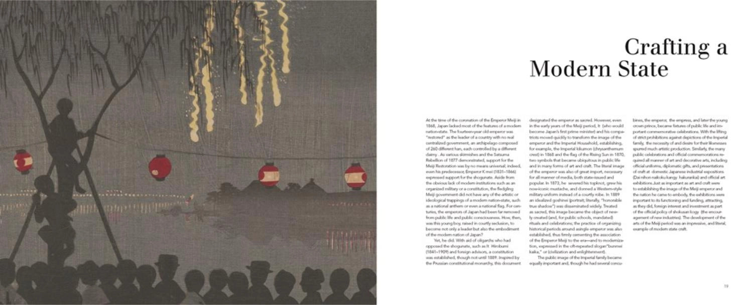 An open book spread showing a left-page illustration of a Japanese-style scene with lanterns, tree branches, and silhouettes, alongside a right-page text layout titled 'Crafting a Modern State' with columns of body text.