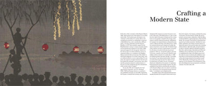 An open book spread showing a left-page illustration of a Japanese-style scene with lanterns, tree branches, and silhouettes, alongside a right-page text layout titled 'Crafting a Modern State' with columns of body text.