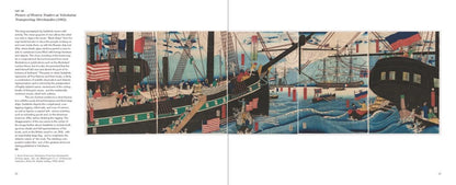An open book spread showing a wide Japanese historical maritime illustration across multiple panels, with text columns on the left page and the artwork spanning the center and right page.