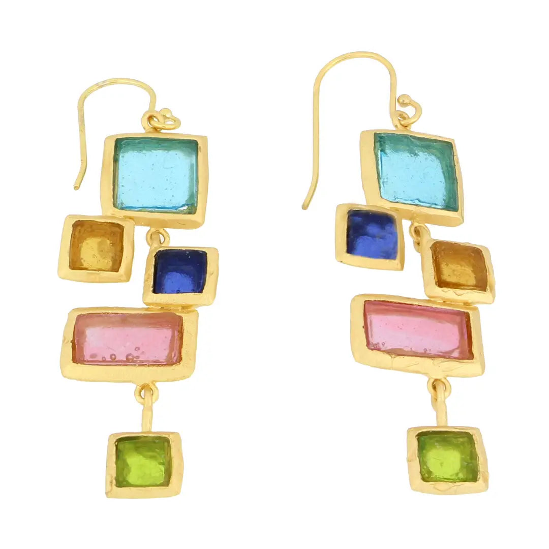 Multicolored square glass earrings with gold hooks on a white background