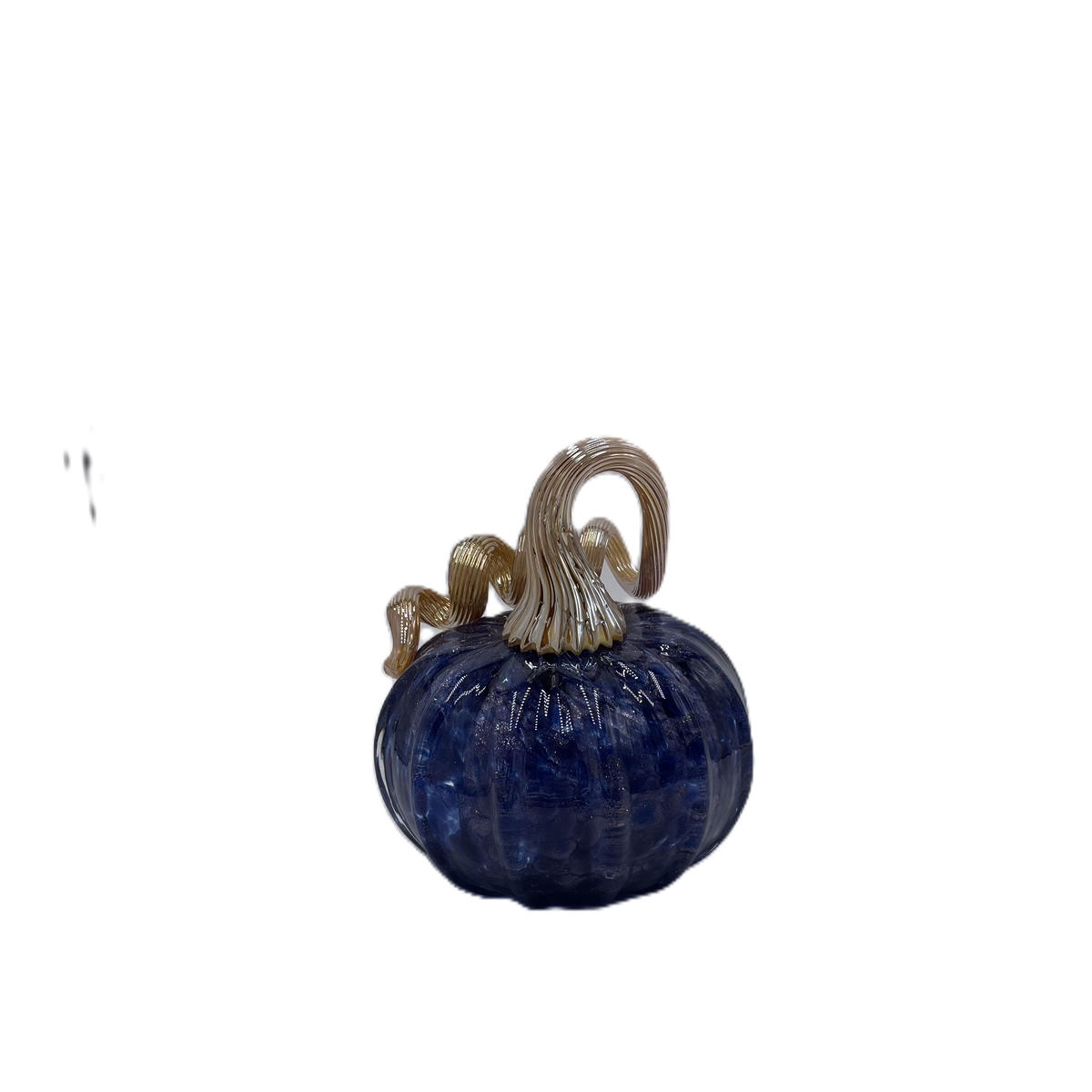 A decorative glass pumpkin figurine with a deep blue body and a textured metallic gold stem, isolated on a white background.