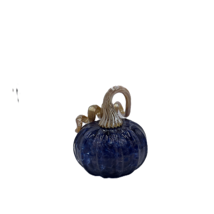 A decorative glass pumpkin figurine with a deep blue body and a textured metallic gold stem, isolated on a white background.