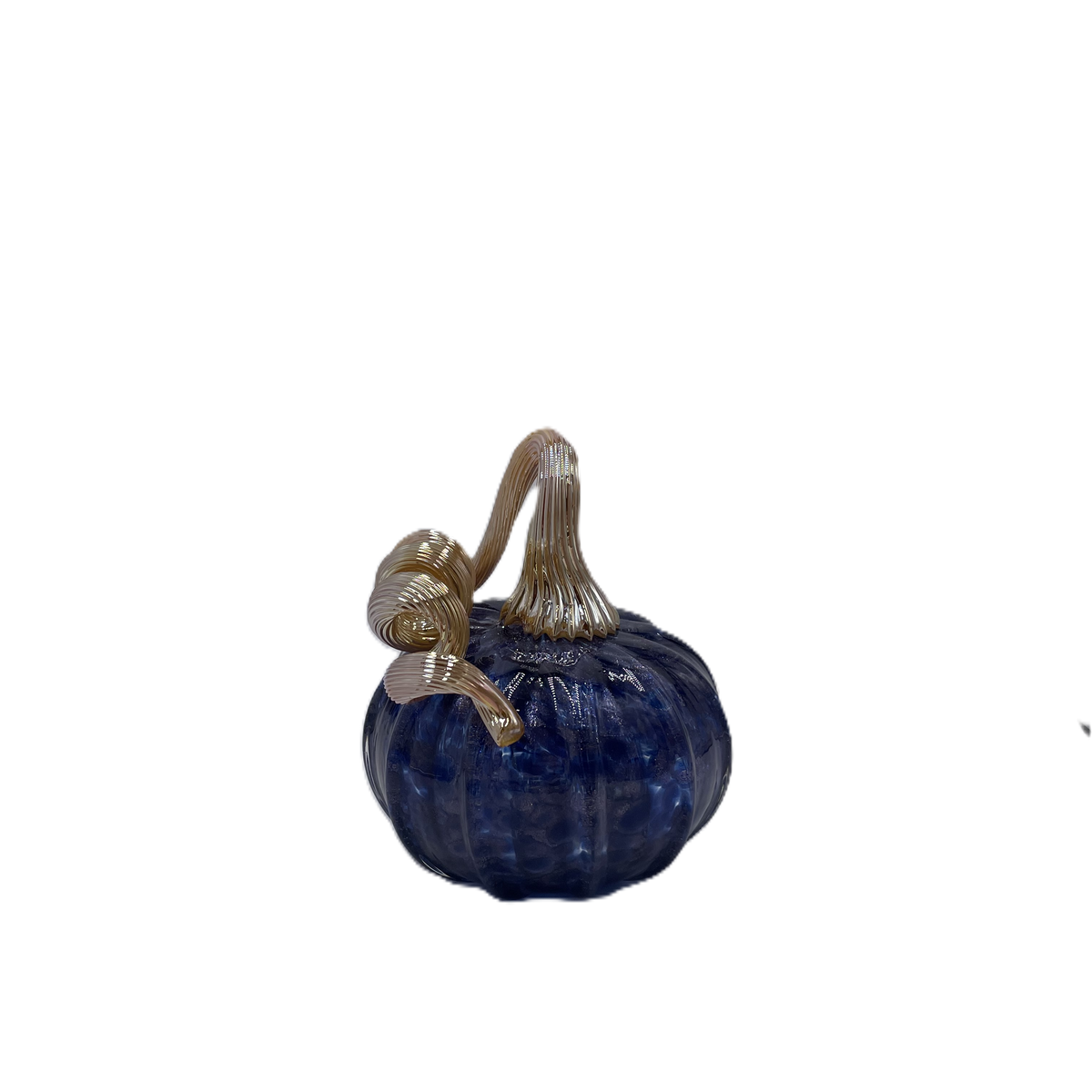 A small decorative glass pumpkin figurine in deep cobalt blue with a ribbed stem and a metallic gold handle, isolated on a white background.