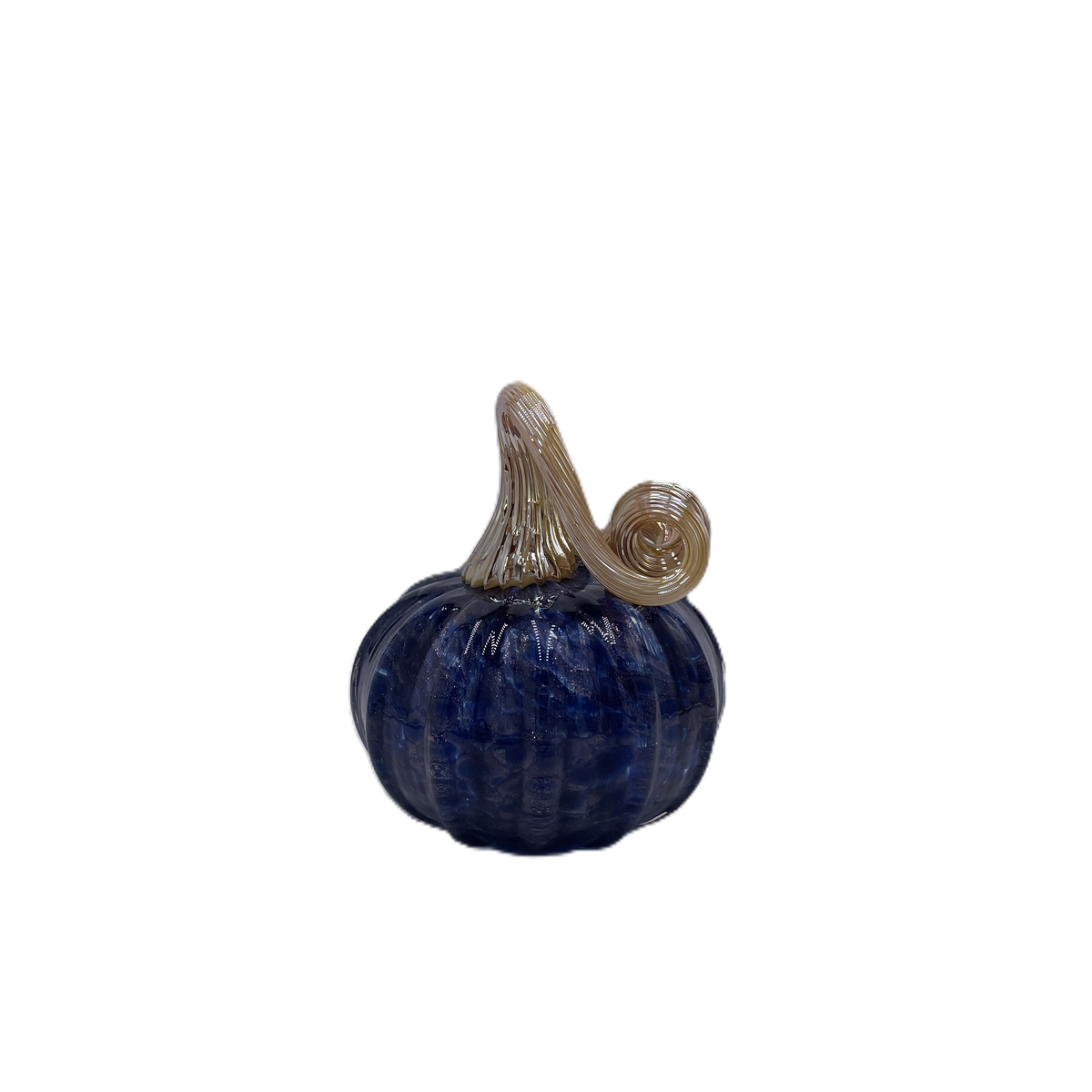 A small decorative pumpkin figurine with a deep blue ribbed body and a curled tan stem, isolated on a plain white background.