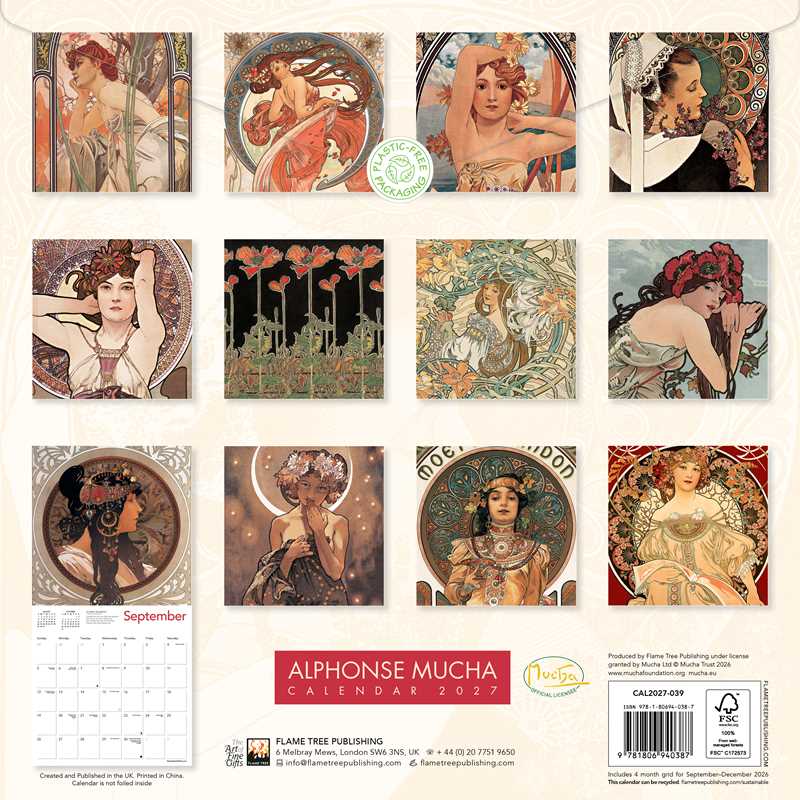 The back cover of a Alphonse Mucha 2027 Wall Calendar depicting 12 of his artworks