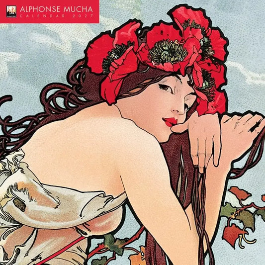 the front cover of a Alphonse Mucha 2027 Wall Calendar depicting a young woman with flowing dark hair and a red flower crown.