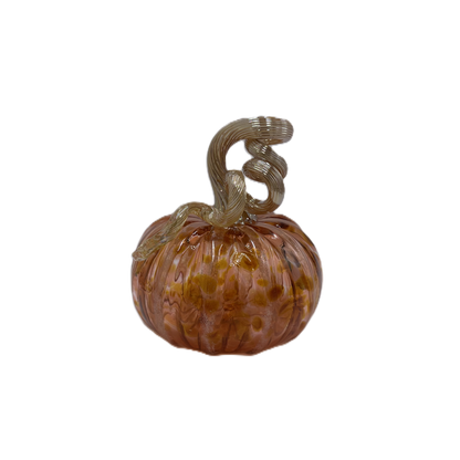 A decorative glass pumpkin with a ribbed orange body and a twisted Champagne stem, shown on a plain white background.