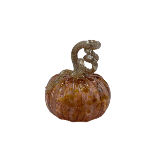 A decorative glass pumpkin with a ribbed orange body and a twisted Champagne stem, shown on a plain white background.