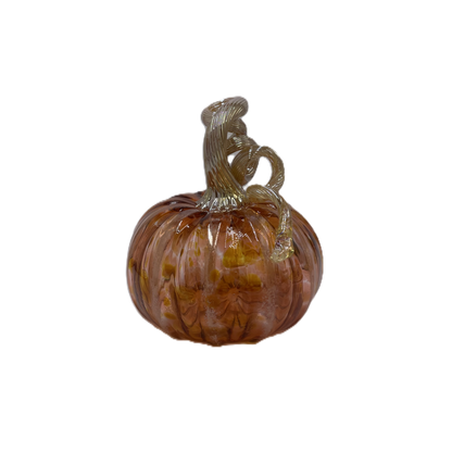 A decorative glass pumpkin with a ribbed orange body and a twisted Champagne stem, shown on a plain white background.