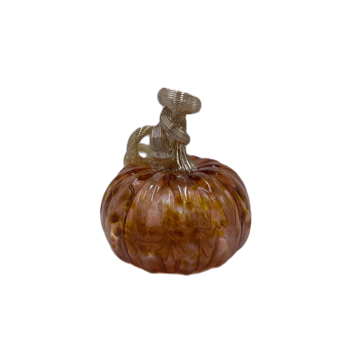 A decorative glass pumpkin with a ribbed orange body and a twisted Champagne stem, shown on a plain white background.
