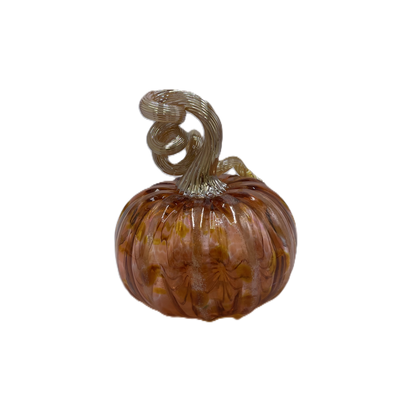 A decorative glass pumpkin with a ribbed orange body and a twisted Champagne stem, shown on a plain white background.