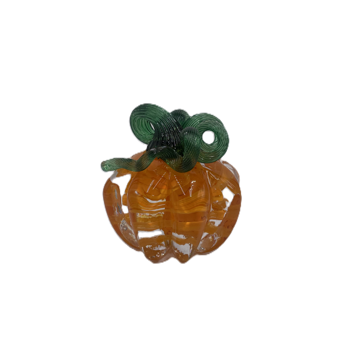 A glass pumpkin in translucent orange glass with a dark green stem, isolated on a plain white background.