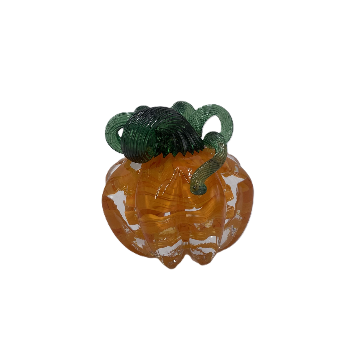 A glass pumpkin in translucent orange glass with a dark green stem, isolated on a plain white background.