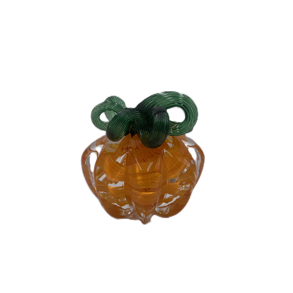 A glass pumpkin in translucent orange glass with a dark green stem, isolated on a plain white background.