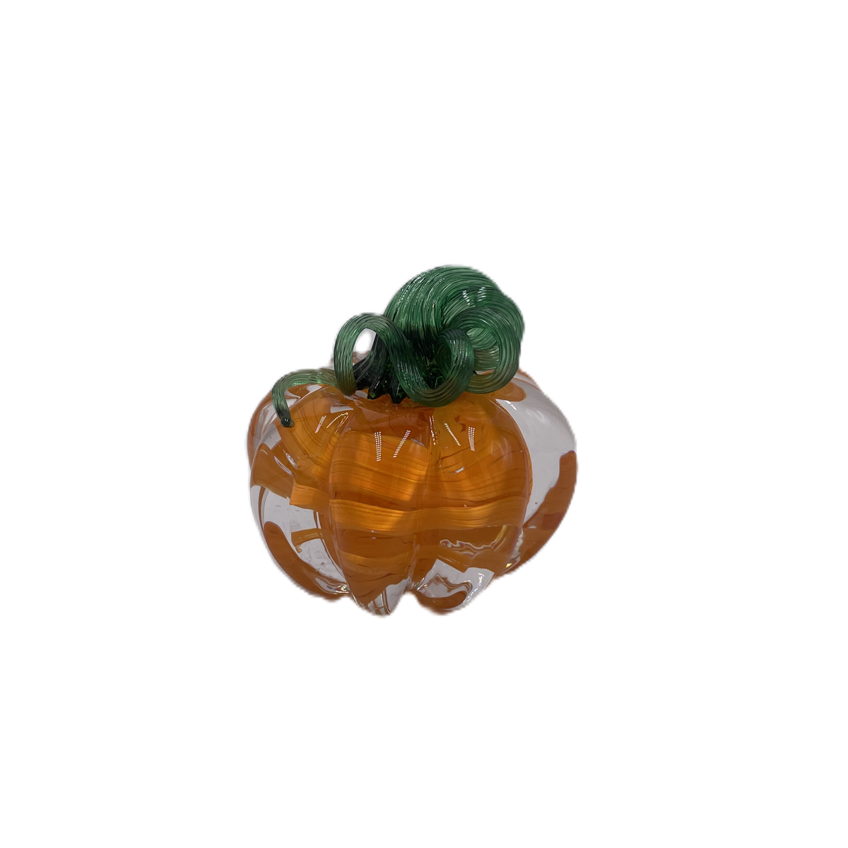 A glass pumpkin in translucent orange glass with a dark green stem, isolated on a plain white background.