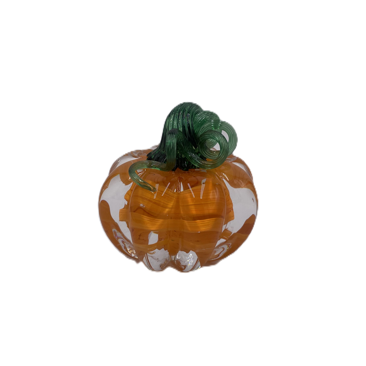 A glass pumpkin in translucent orange glass with a dark green stem, isolated on a plain white background.