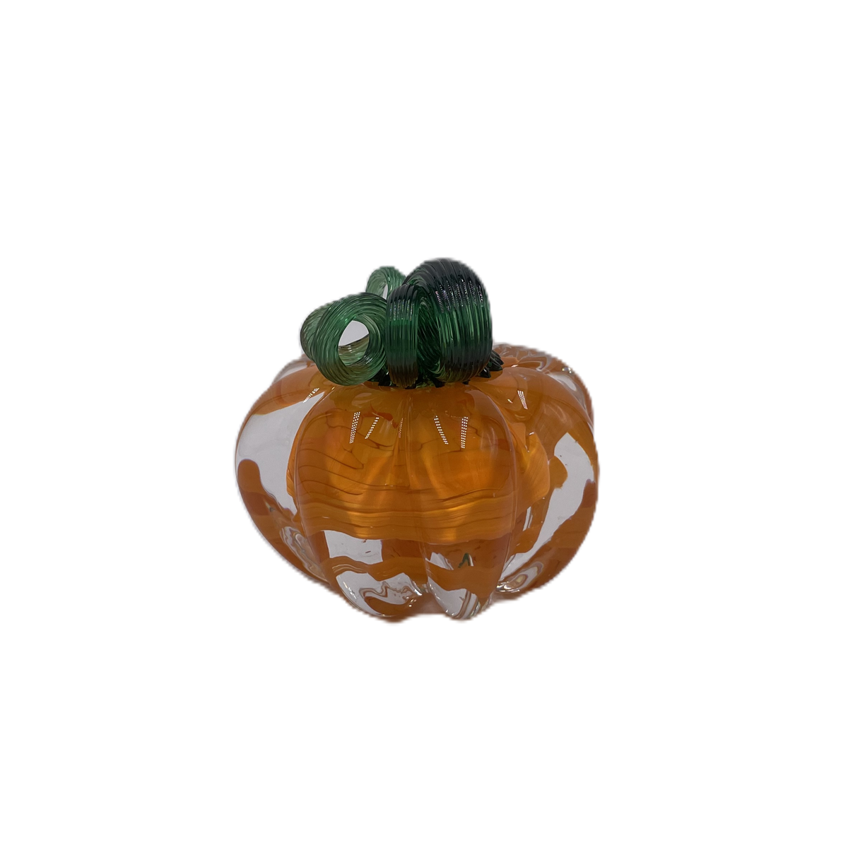 A glass pumpkin in translucent orange glass with a dark green stem, isolated on a plain white background.