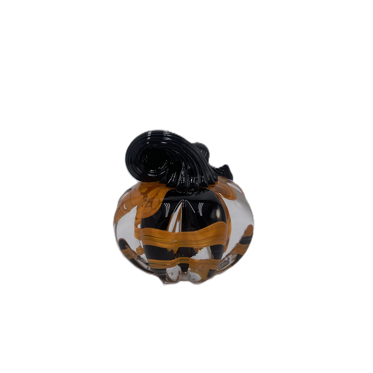 A solid glass pumpkin, featuring a glossy black stem and swirling orange, black and clear glass body on a plain white background.