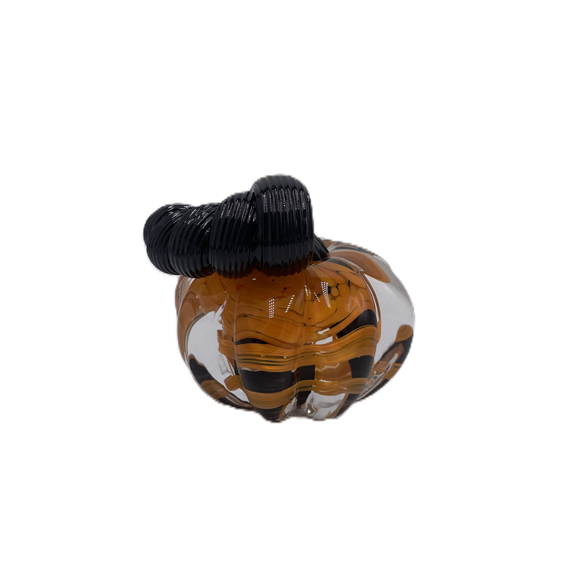A solid glass pumpkin, featuring a glossy black stem and swirling orange, black and clear glass body on a plain white background.